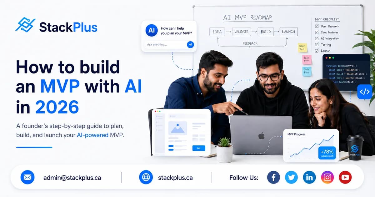 Illustration of a startup team planning an AI-powered MVP with wireframes and code