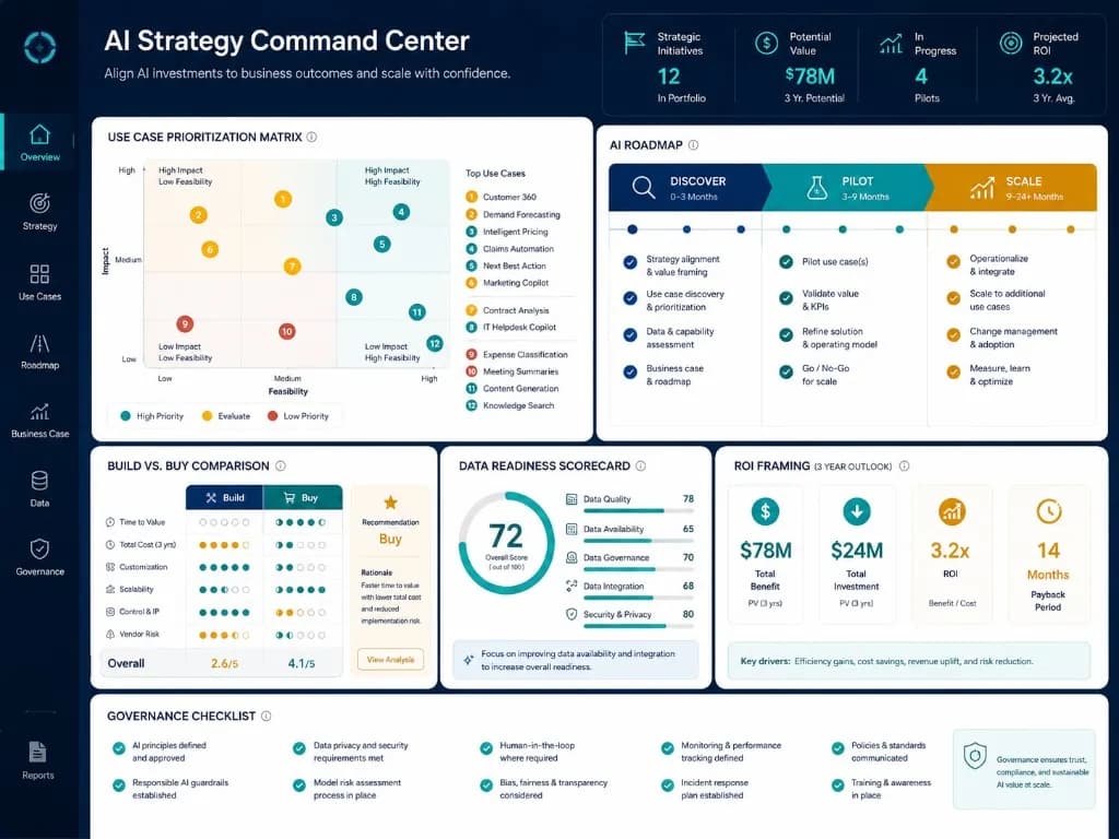 AI Strategy Command Center with use-case prioritization matrix, roadmap timeline, build-vs-buy comparison, data readiness scorecard, and governance checklist