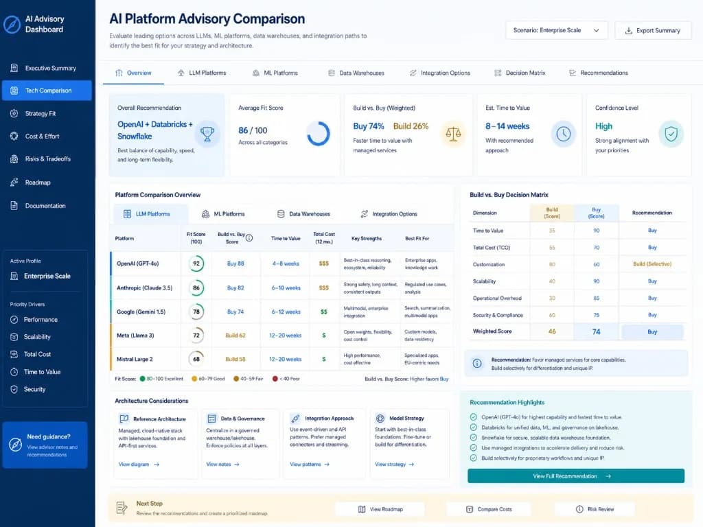 AI platform advisory comparison dashboard with LLM, ML, and data warehouse build-vs-buy scoring