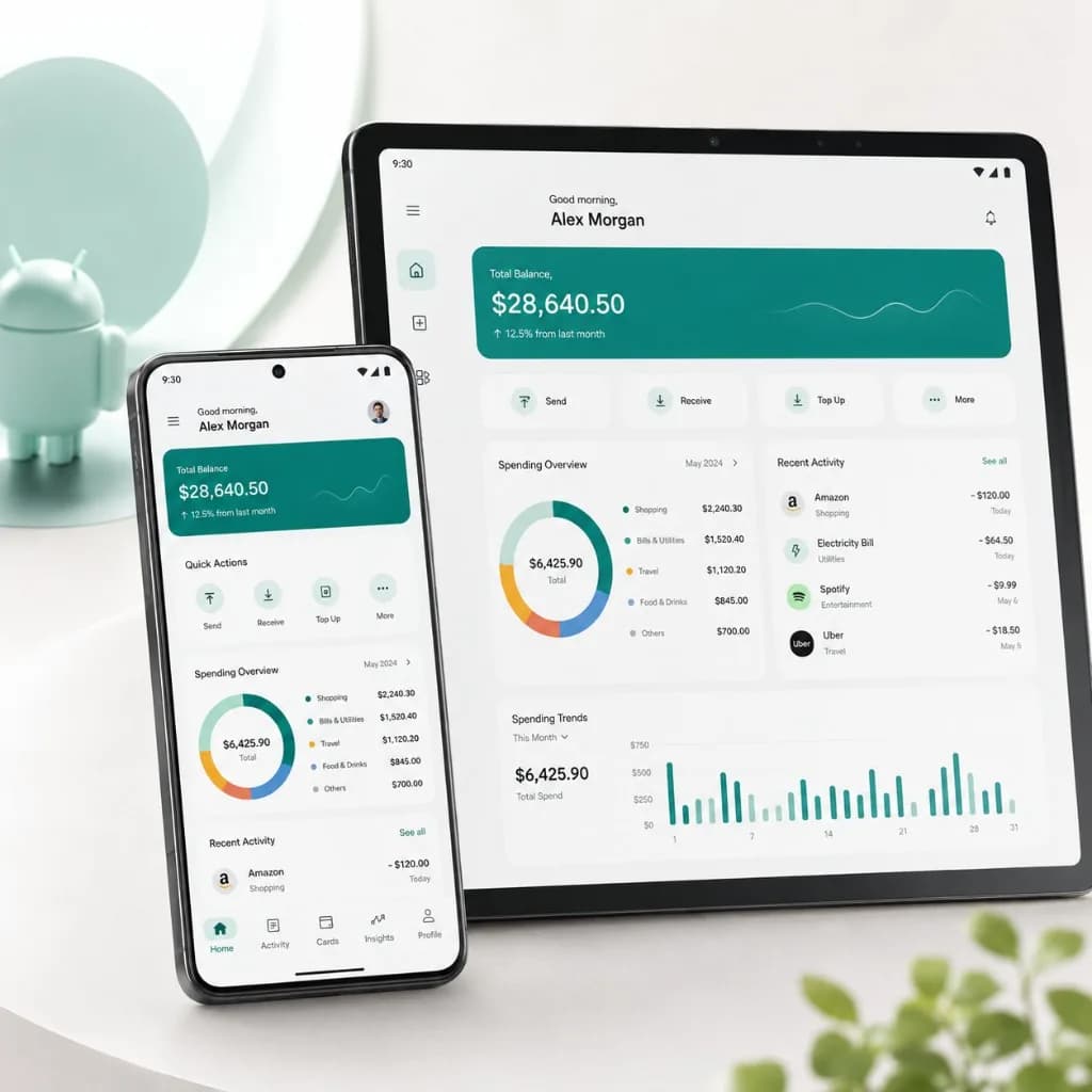 Android app development showing native phone and tablet finance app interfaces