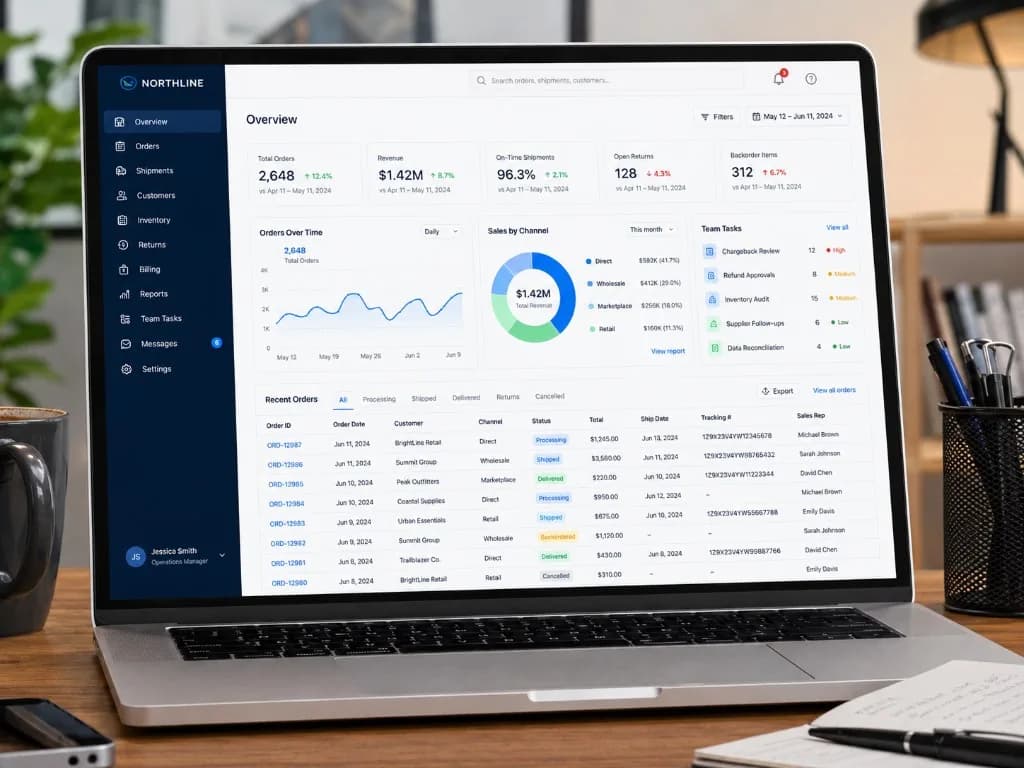 Northline custom operations dashboard on laptop showing orders, revenue, shipments, and team tasks