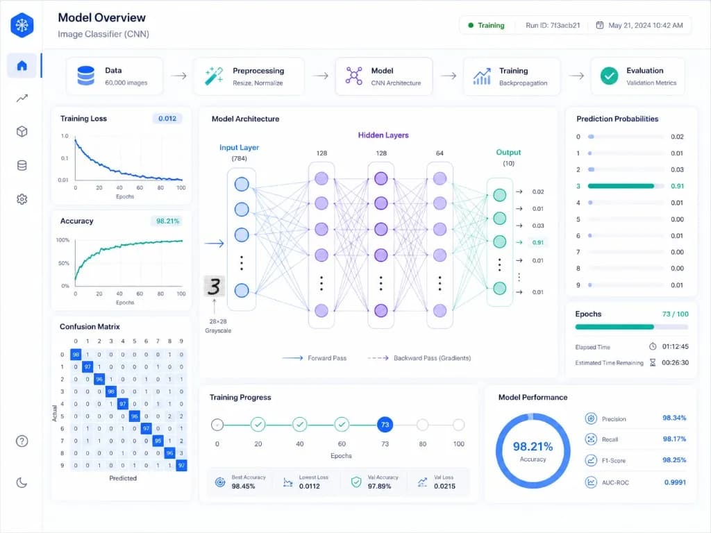 Deep learning CNN model overview with neural network architecture, training metrics, and classification accuracy