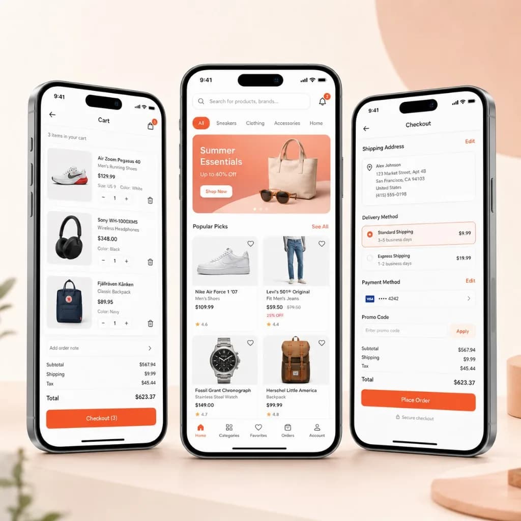 Ecommerce app development showing product browsing, cart, and checkout screens