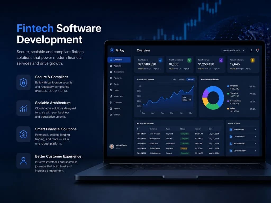 Fintech software development with FinPay dashboard showing balances, transactions, revenue, and customer analytics