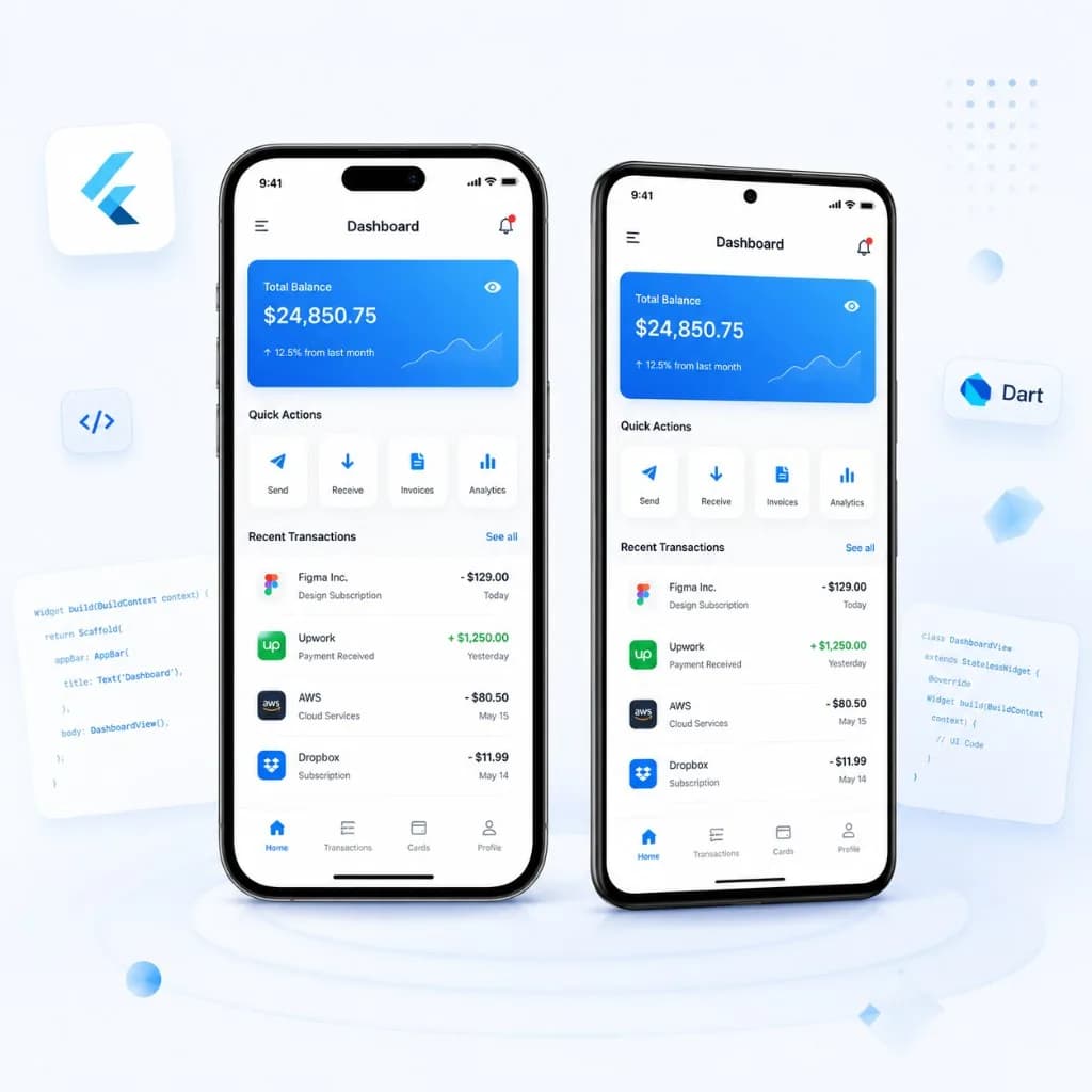 Flutter app development showing cross-platform iOS and Android apps with Dart code