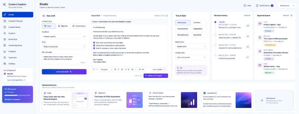 GenAI content studio with brand-aware email, blog, and social caption drafting