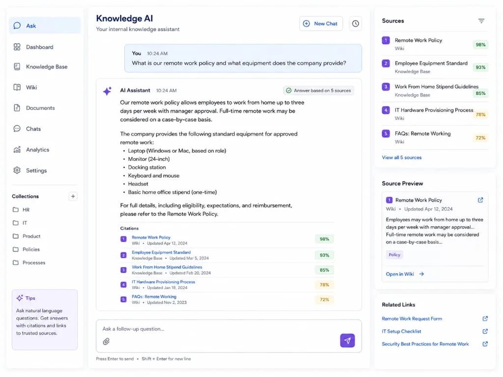 Internal knowledge assistant with RAG citations and document source previews