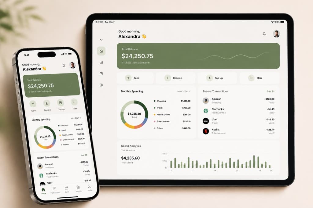 iOS app development showing native iPhone and iPad finance app interfaces