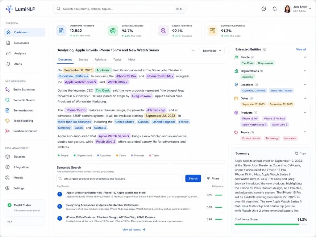 LumiNLP dashboard with entity extraction, semantic search, document summarization, and NLP analytics