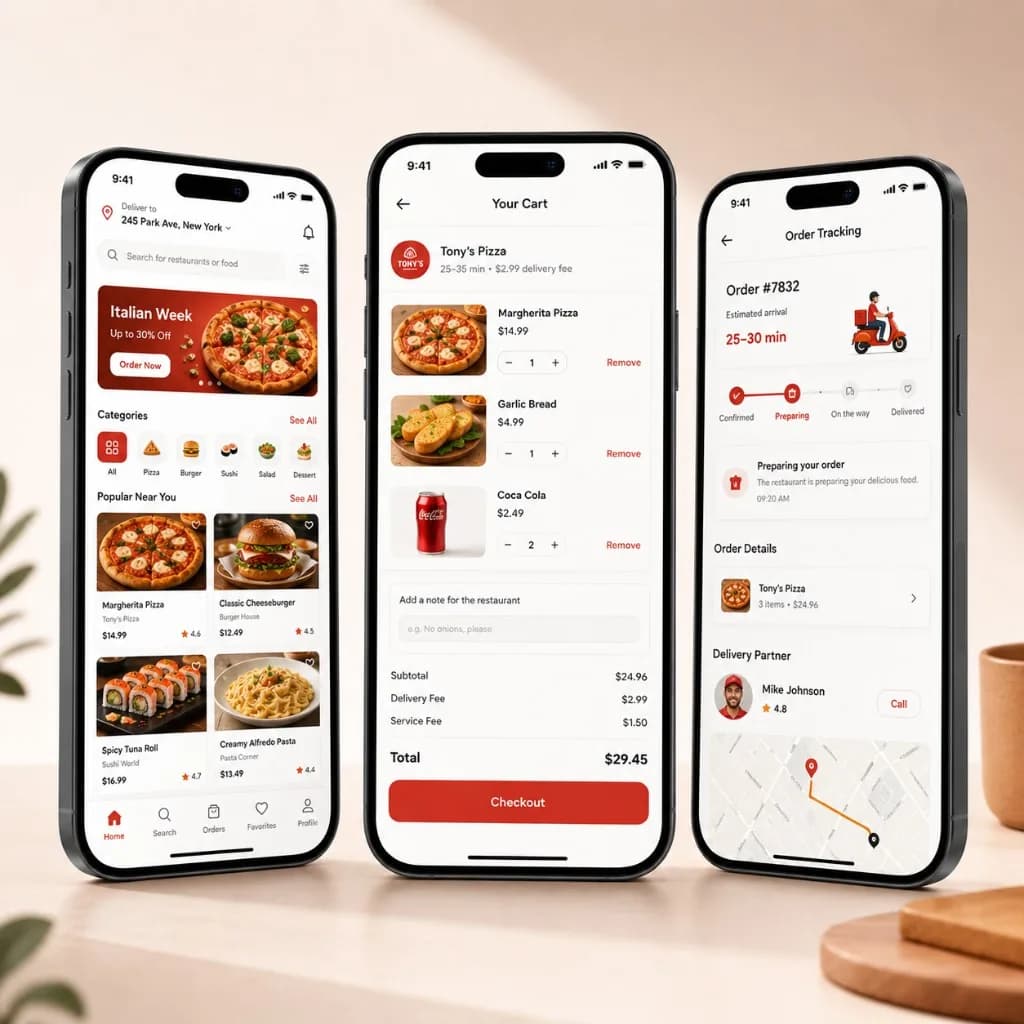 Restaurant app development showing food ordering, cart, and delivery tracking screens