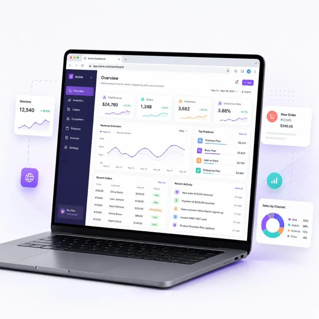 Web app development showing a SaaS dashboard on laptop with analytics and order management