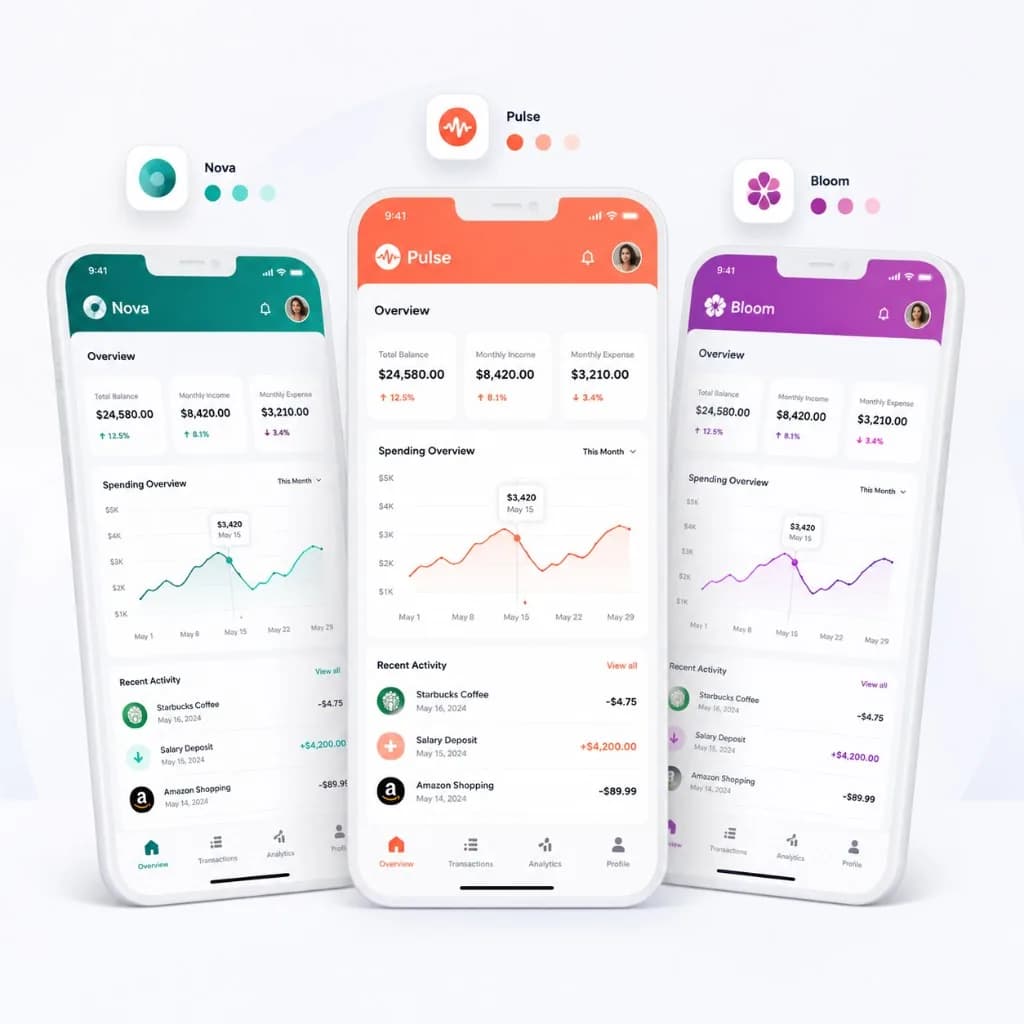 White label app development showing the same app rebranded for Nova, Pulse, and Bloom