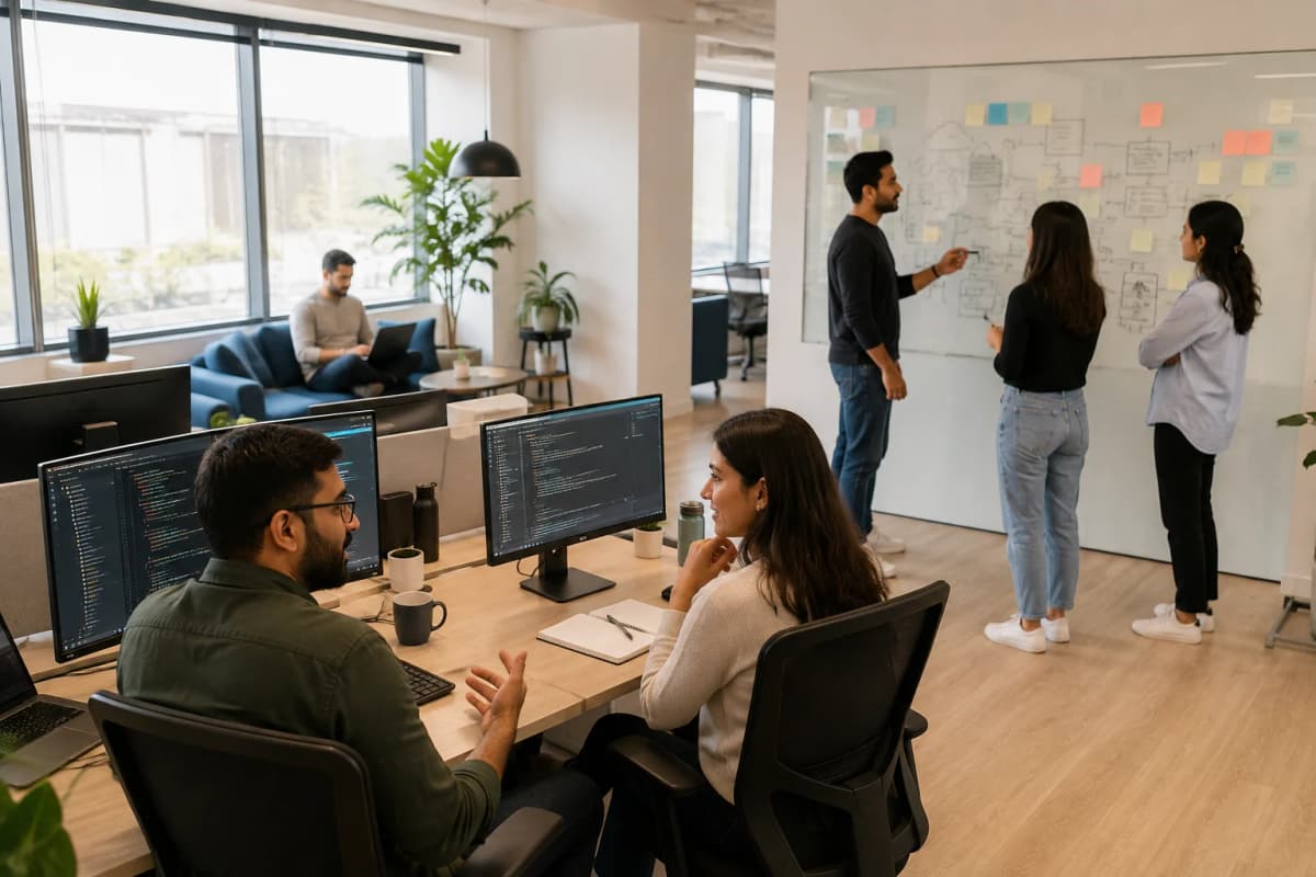 A bright modern software office with colleagues working together at desks and a small group discussing diagrams at a glass whiteboard