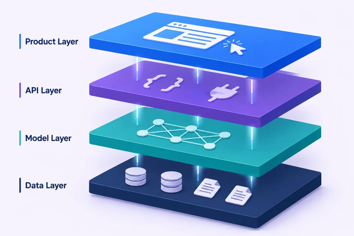Isometric stack of the AI product architecture: data layer, model layer, API layer, product layer