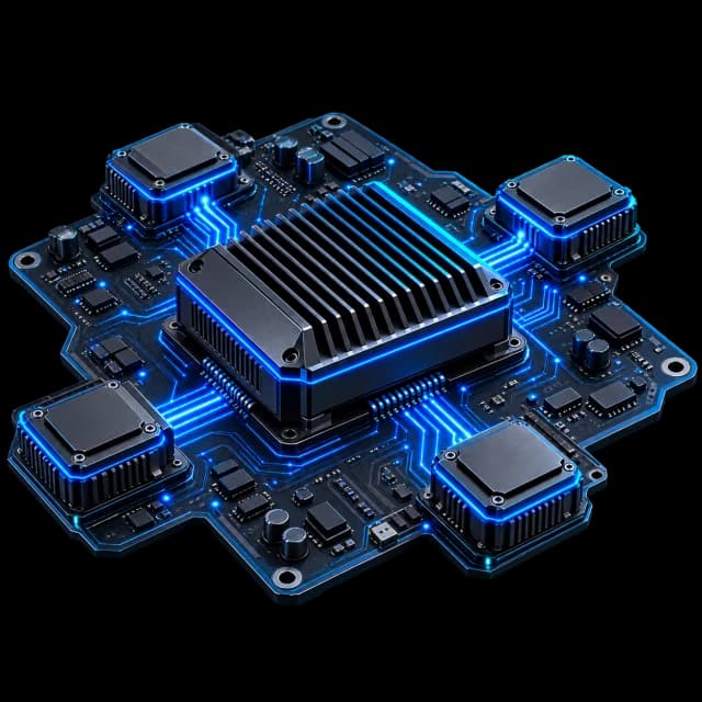 AI processor on a circuit board with glowing traces radiating to four connected modules