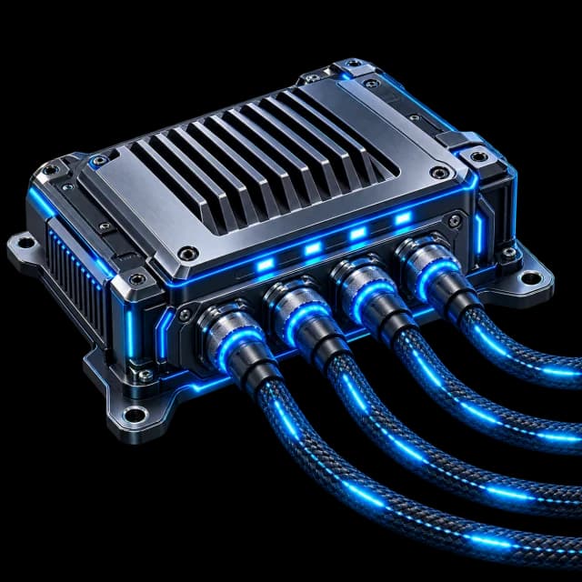 Industrial control module with cables carrying flowing light, representing automated pipelines