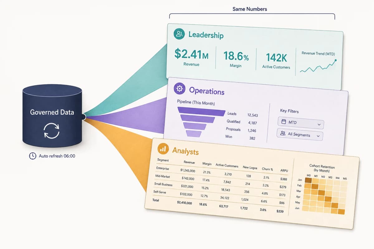 One governed data source fanning into three tinted panels of increasing detail for leadership, operations, and analysts, all under a bracket reading same numbers