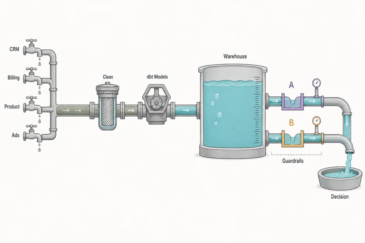 Waterworks diagram with source taps feeding a cleaning filter and dbt valve into a warehouse reservoir, then splitting into A and B channels over measuring weirs before pouring into a decision basin