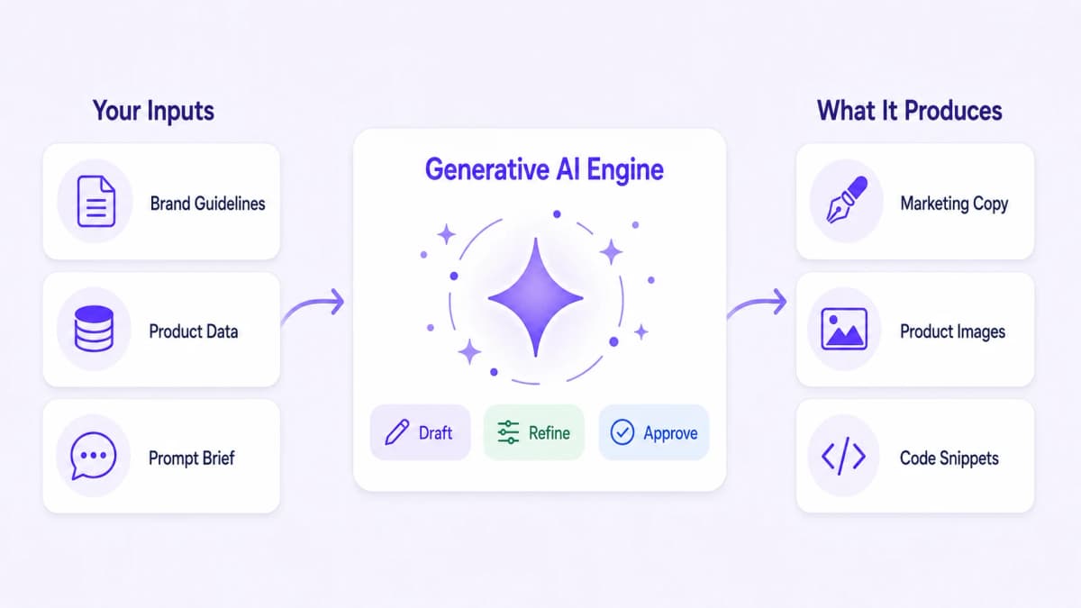 Flow diagram showing brand guidelines and product data feeding a generative AI engine that produces copy, images, and code