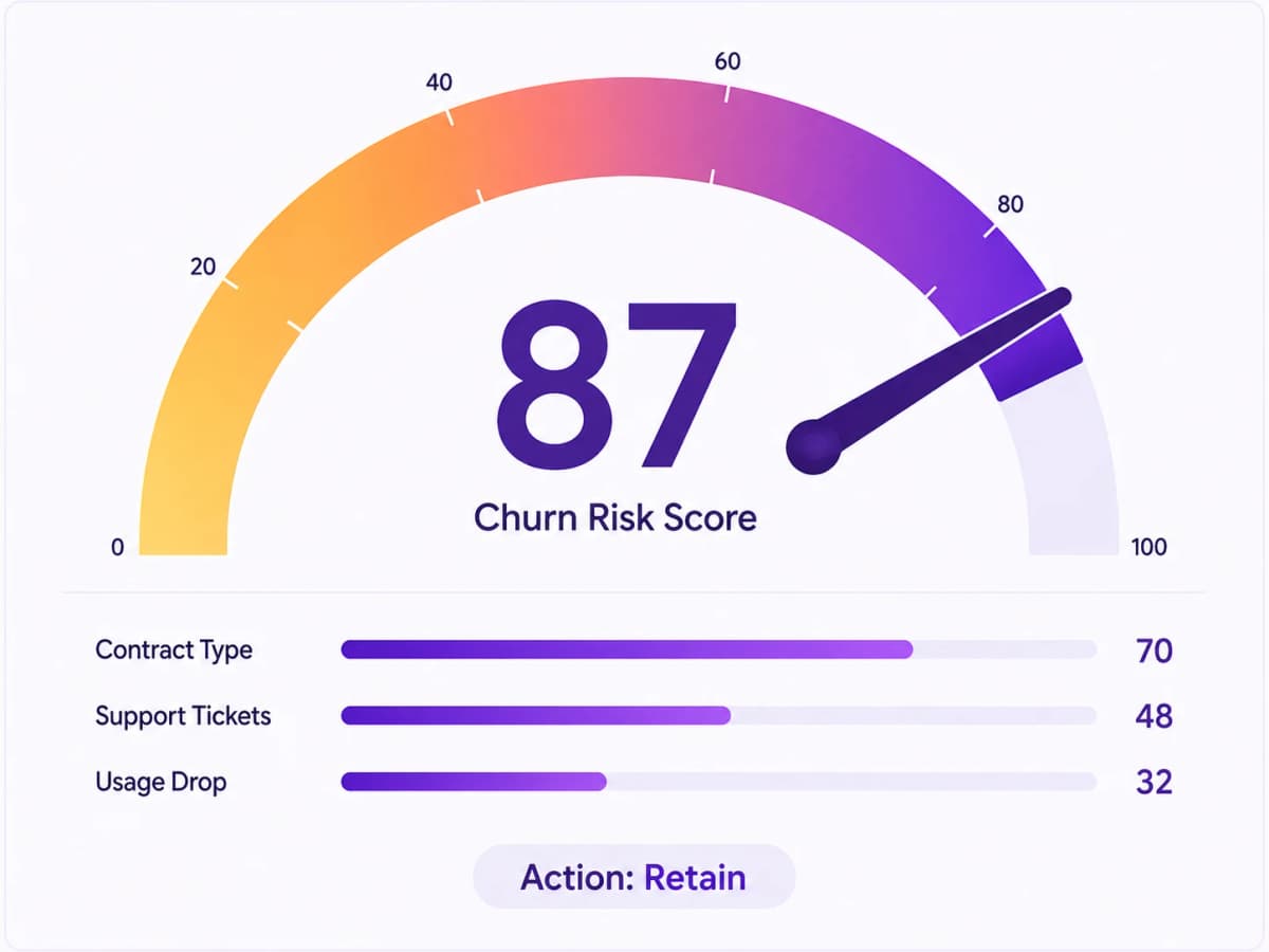 Churn risk scorecard gauge reading 87 with ranked contributing factors below