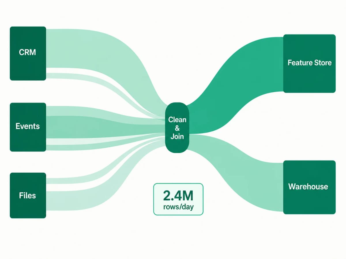 Sankey diagram of CRM, events, and files merging through a clean and join step into a feature store and warehouse