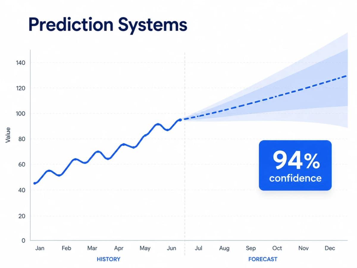 Forecast chart with a widening confidence band and a 94 percent confidence badge