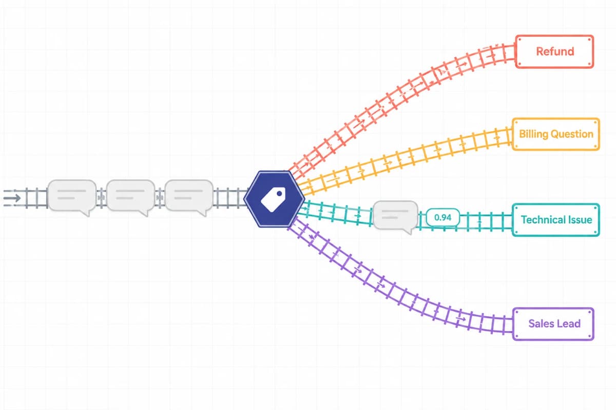 Railway junction switching incoming chat messages onto coloured tracks for refund, billing question, technical issue, and sales lead