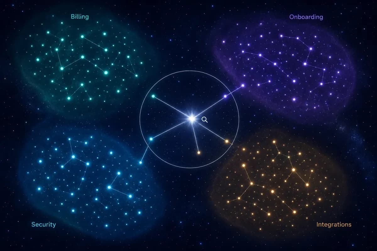Constellation map of document clusters for billing, onboarding, security, and integrations, with a query star retrieving its nearest neighbours