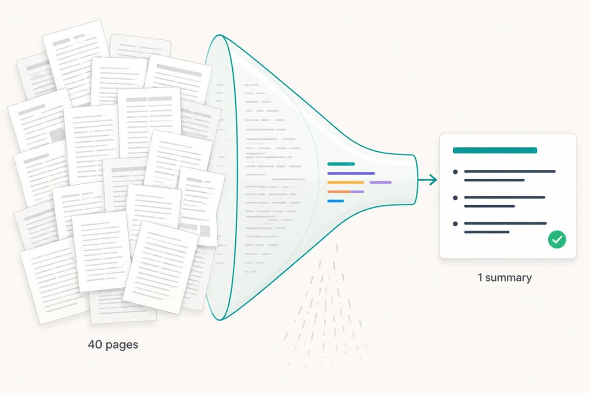 Forty scattered pages funnelling down into a single summary card with three bullet points