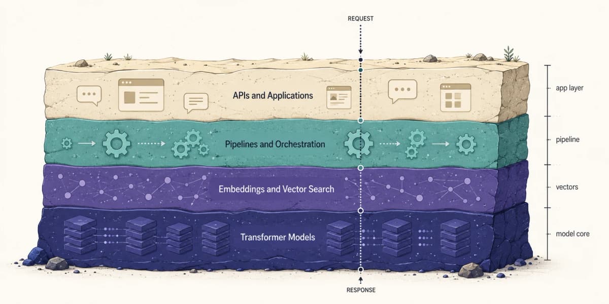 Geological cross-section of the NLP stack with transformer models at bedrock, then embeddings and vector search, pipelines, and APIs at the surface