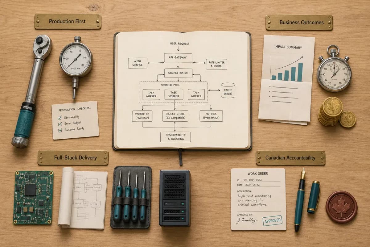 Overhead engineering workbench with tools grouped under brass plates reading production first, business outcomes, full-stack delivery, and Canadian accountability