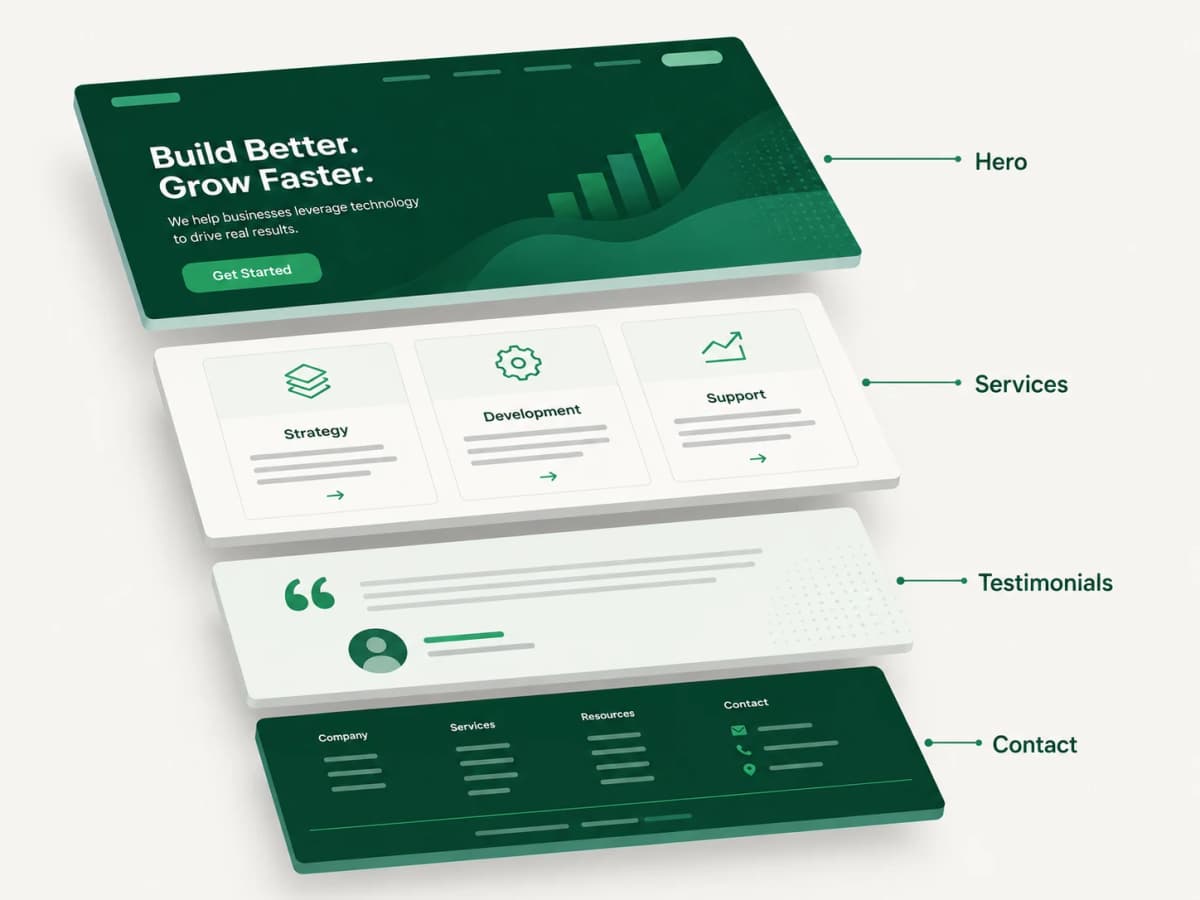 Corporate website pulled apart into its sections: hero, services, testimonials, and contact