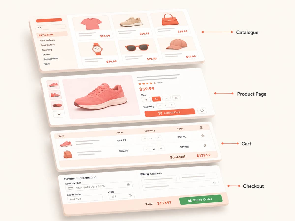 E-commerce store pulled apart into its stages: catalogue, product page, cart, and checkout