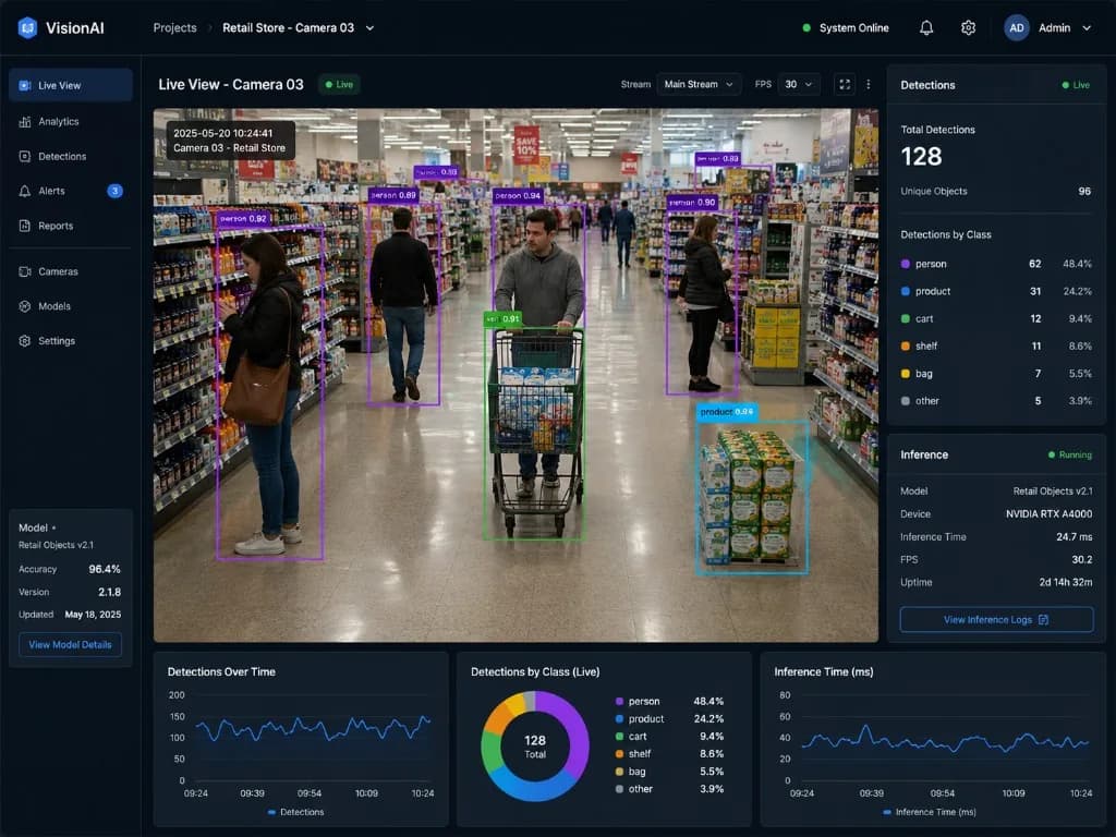 VisionAI dashboard with live retail object detection, bounding boxes, and real-time inference analytics
