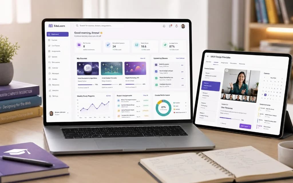 EduLearn education software on laptop and tablet with student dashboard, courses, and live class interface