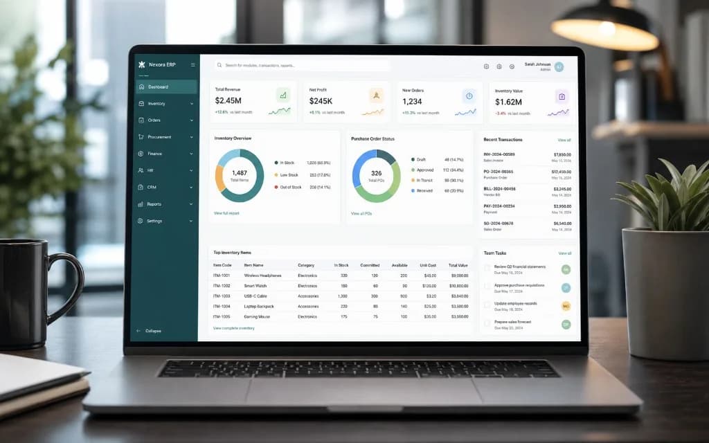 Nexora ERP software on laptop showing finance, inventory, orders, and operations dashboard