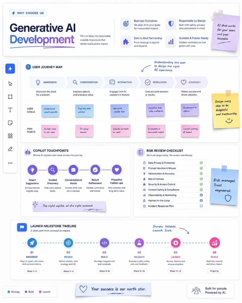 GenAI product workshop with user journey map, copilot touchpoints, risk checklist, and launch timeline