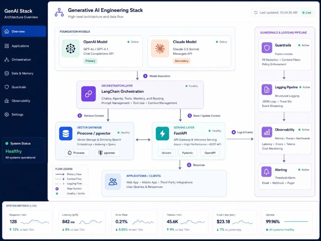 Generative AI engineering stack with LLM models, LangChain, vector search, and guardrails pipeline