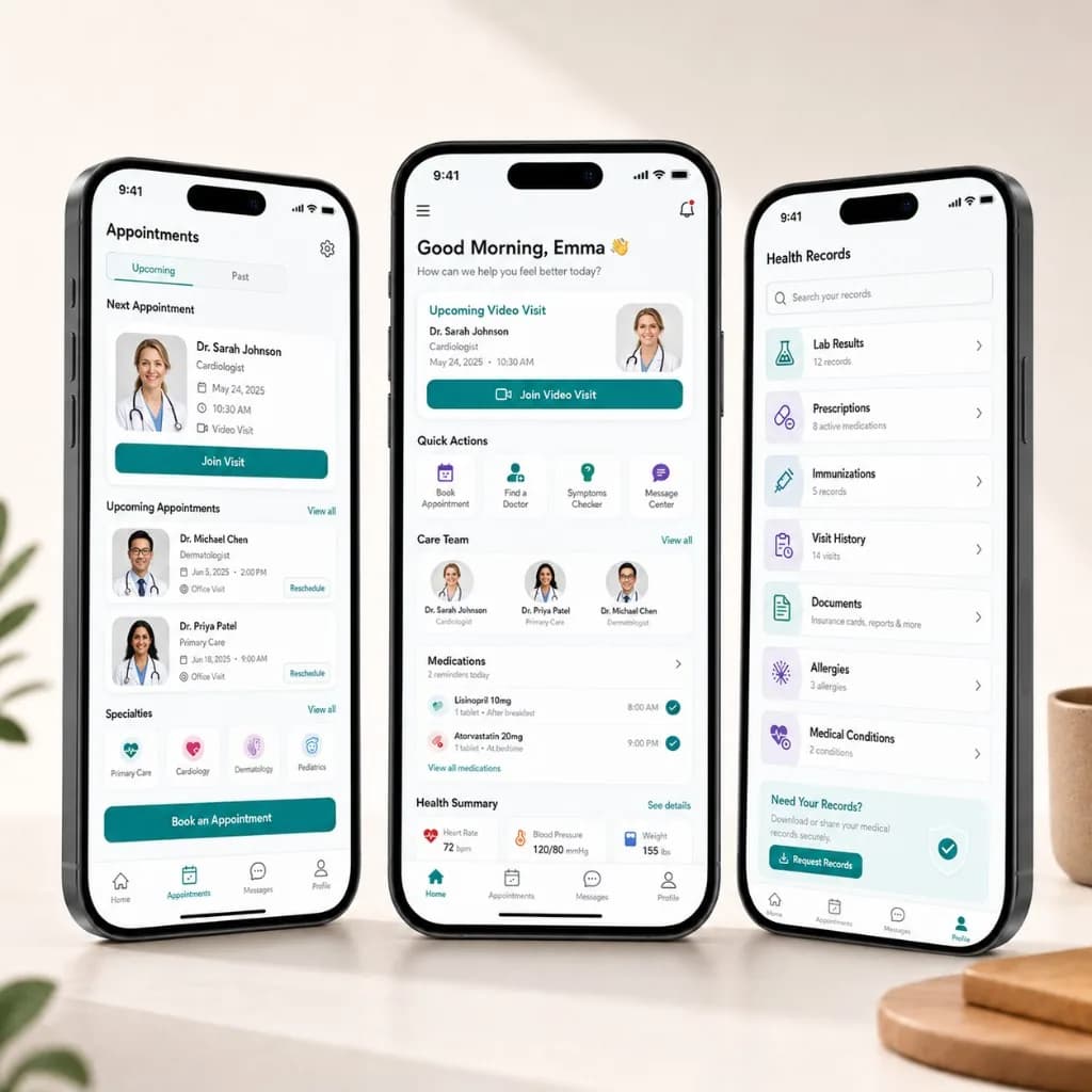 Healthcare app development showing appointments, patient dashboard, and health records screens