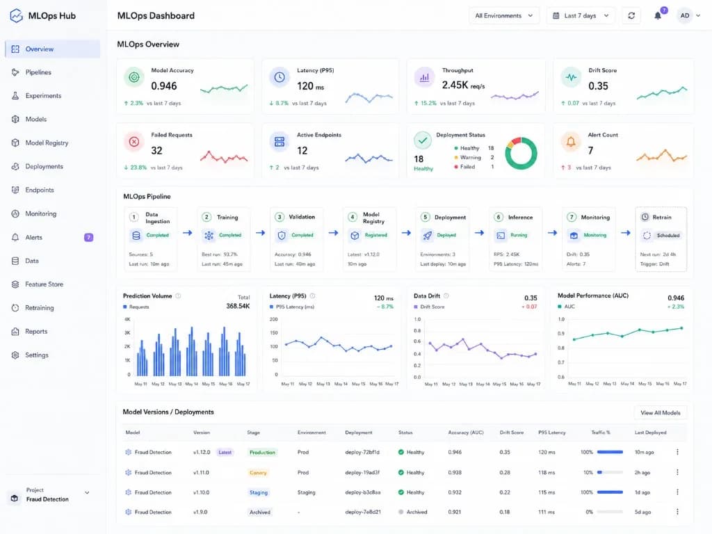MLOps Hub dashboard with fraud detection pipeline, model deployment status, drift monitoring, and performance metrics