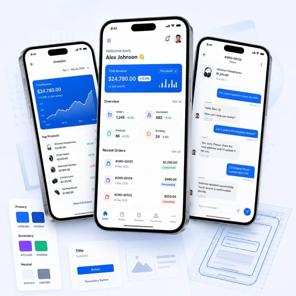 Mobile app development showing UI designs, wireframes, and app screens for iOS and Android