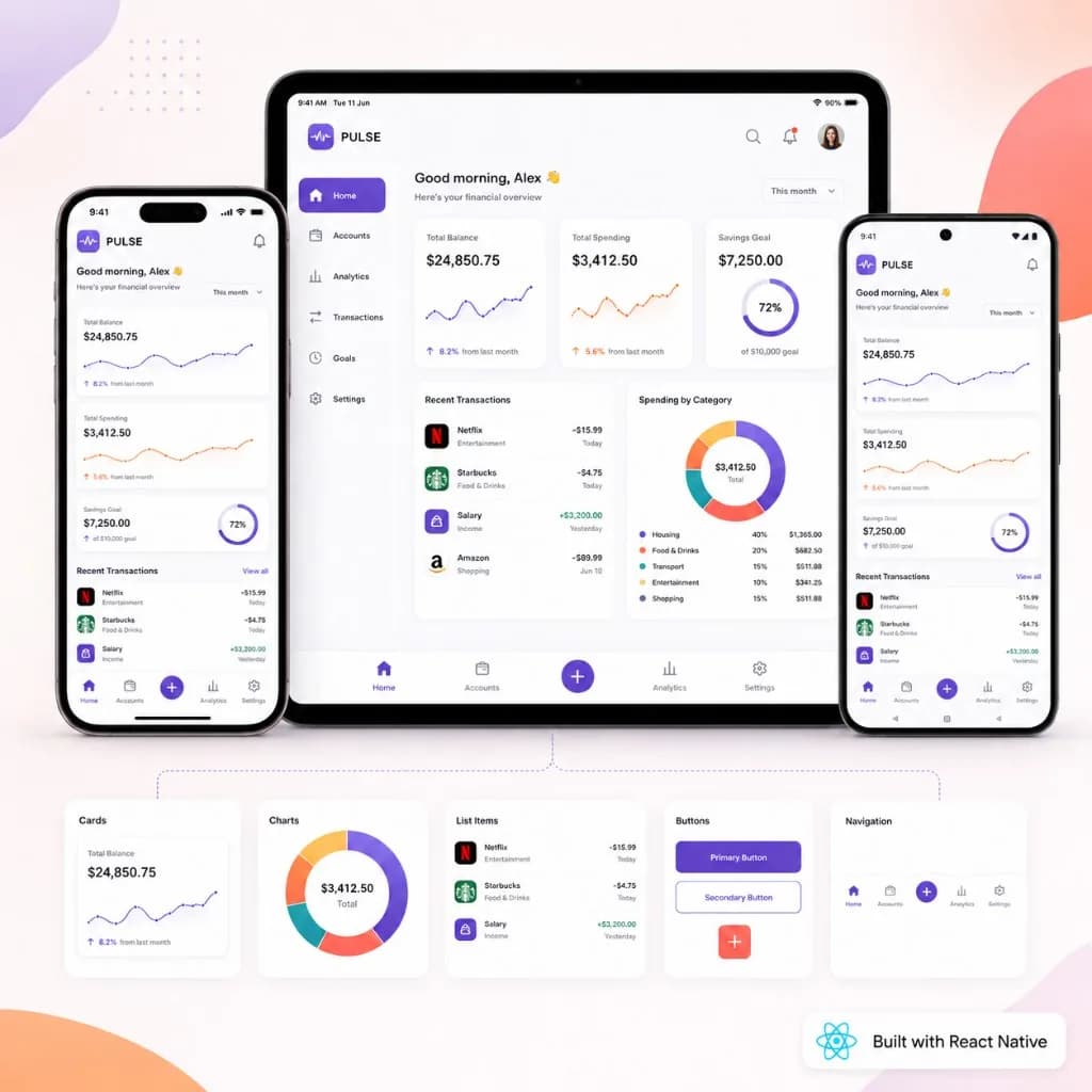 React Native app development showing cross-platform iOS and Android dashboard UI