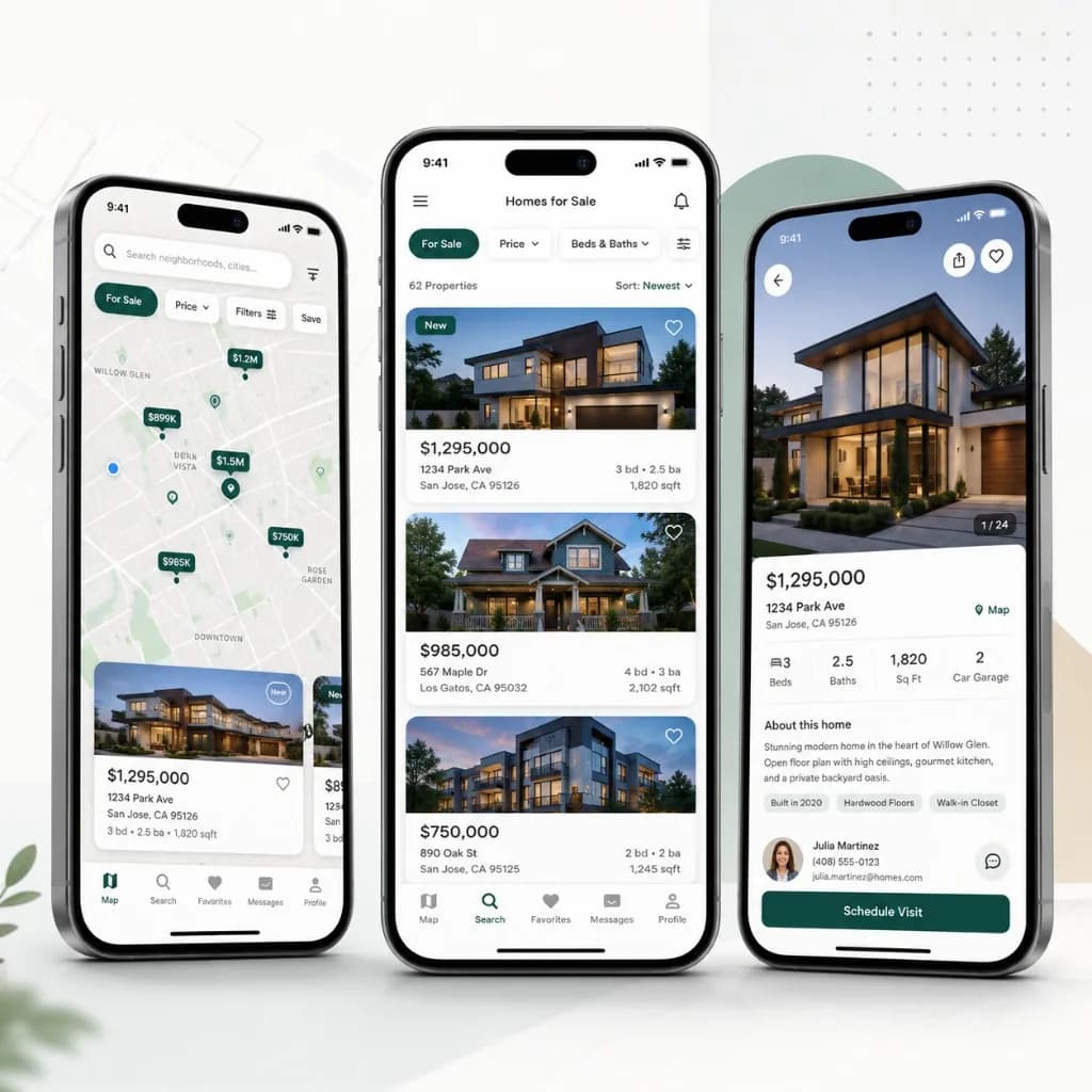 Real estate app development showing map search, listings, and property detail screens
