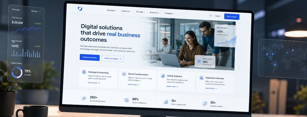 React.js corporate website with analytics dashboard overlays