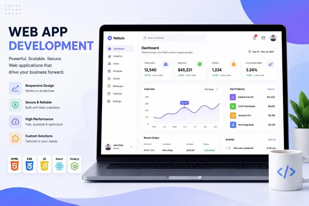 Full stack web development with dashboard mockup and modern tech stack