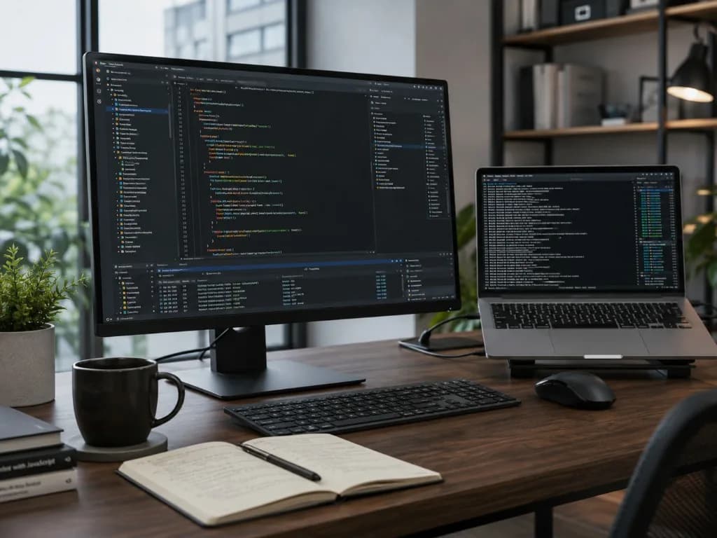 Developer workspace with code editor and terminal for full stack builds