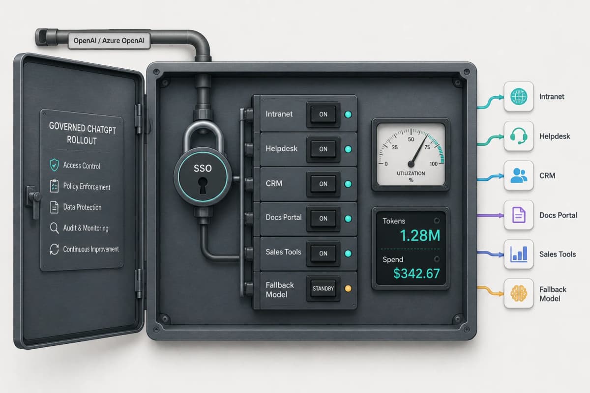 Breaker panel routing OpenAI through an SSO gate to per-app switches for intranet, helpdesk, CRM, docs and sales tools, with a token and spend meter and a fallback model on standby