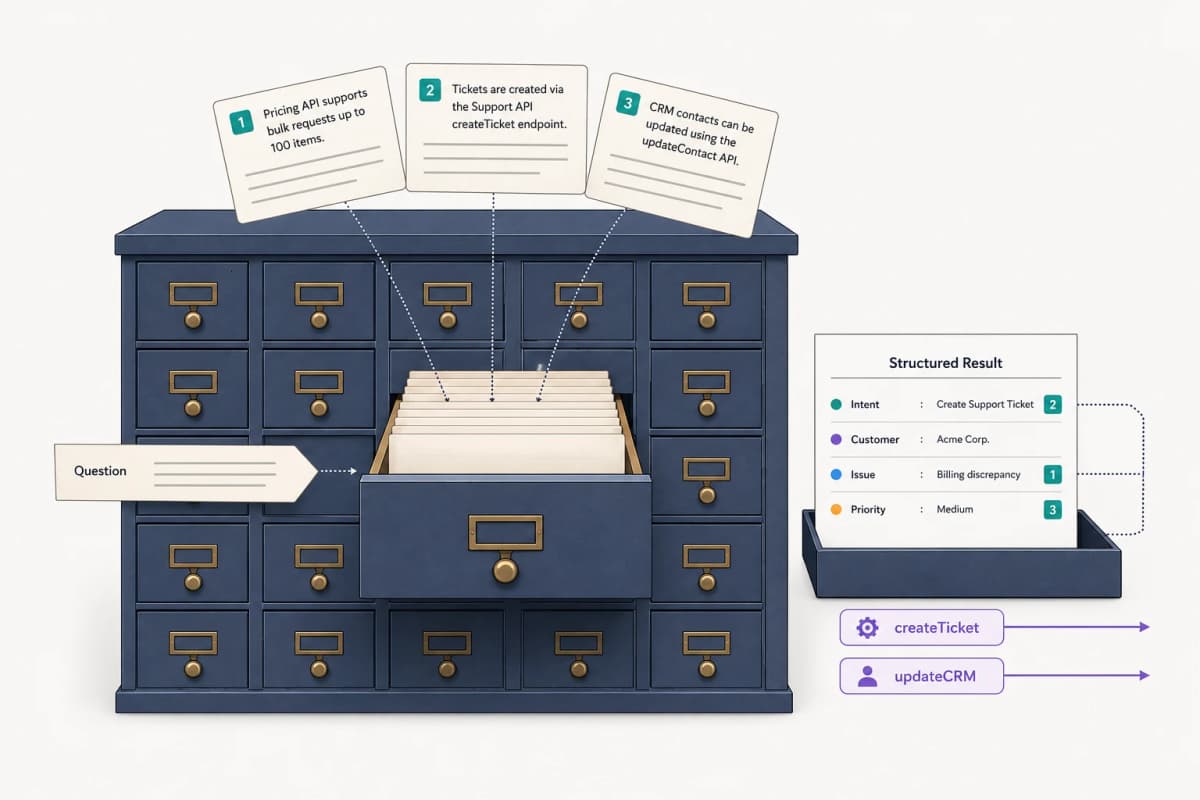 Card catalogue drawer retrieving three numbered source cards that trace down into a structured result sheet with createTicket and updateCRM function calls