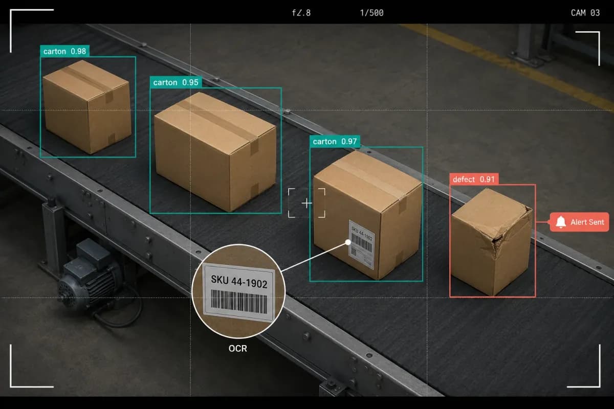 Camera viewfinder over a conveyor of cartons with teal detection boxes, a coral defect box triggering an alert, and an OCR callout reading a shipping label