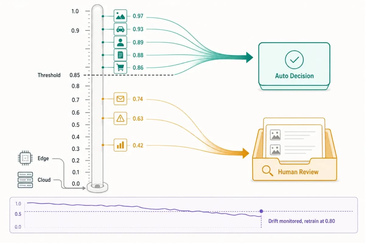 Vertical confidence scale with a threshold line sending high-scoring detections to auto decision and low-scoring ones to a human review tray, with a drift sparkline below
